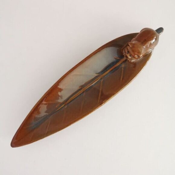 Cat Incense Holder Stick Burner Leaf Brown Ceramic Animal Figure - Picture 5 of 9